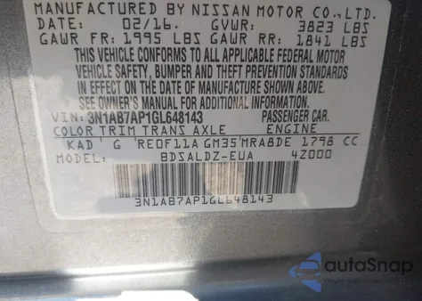 2016 Nissan Sentra Fe+ S/S/Sl/Sr/Sv from USA, damaged, VIN 3N1AB7AP1GL648143
